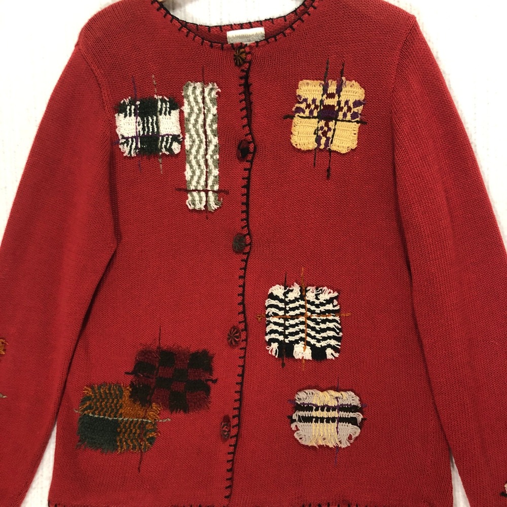 Coldwater Creek Patchwork Cardigan Sweater Knit Button Up Cottagecore Red L